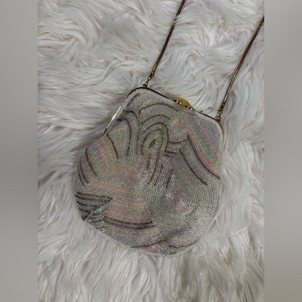 Vintage 1960s White pink Beaded pastel wedding mini bag purse crossbody antique